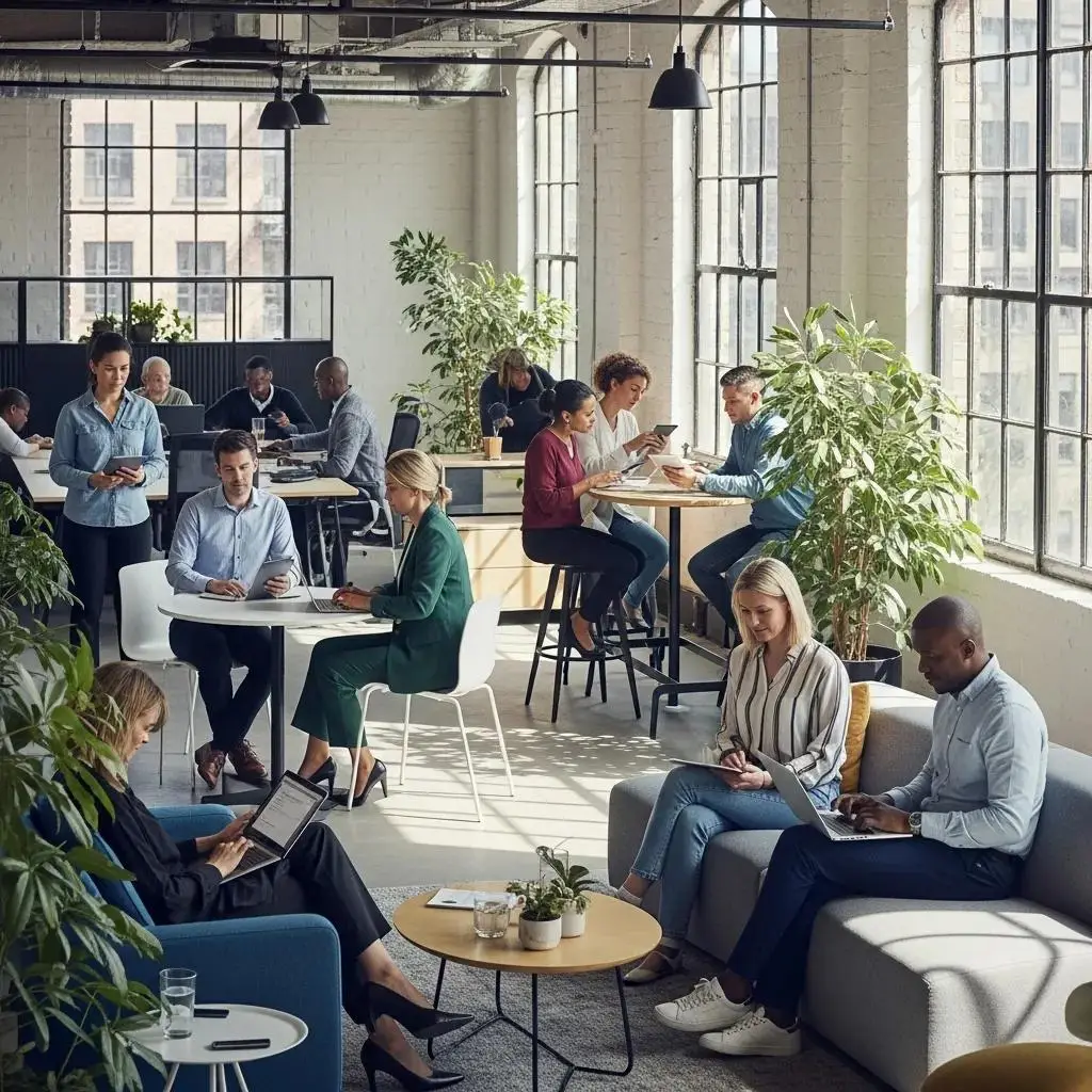 Employees using wireless devices in a modern office, illustrating the advantages of wireless network solutions