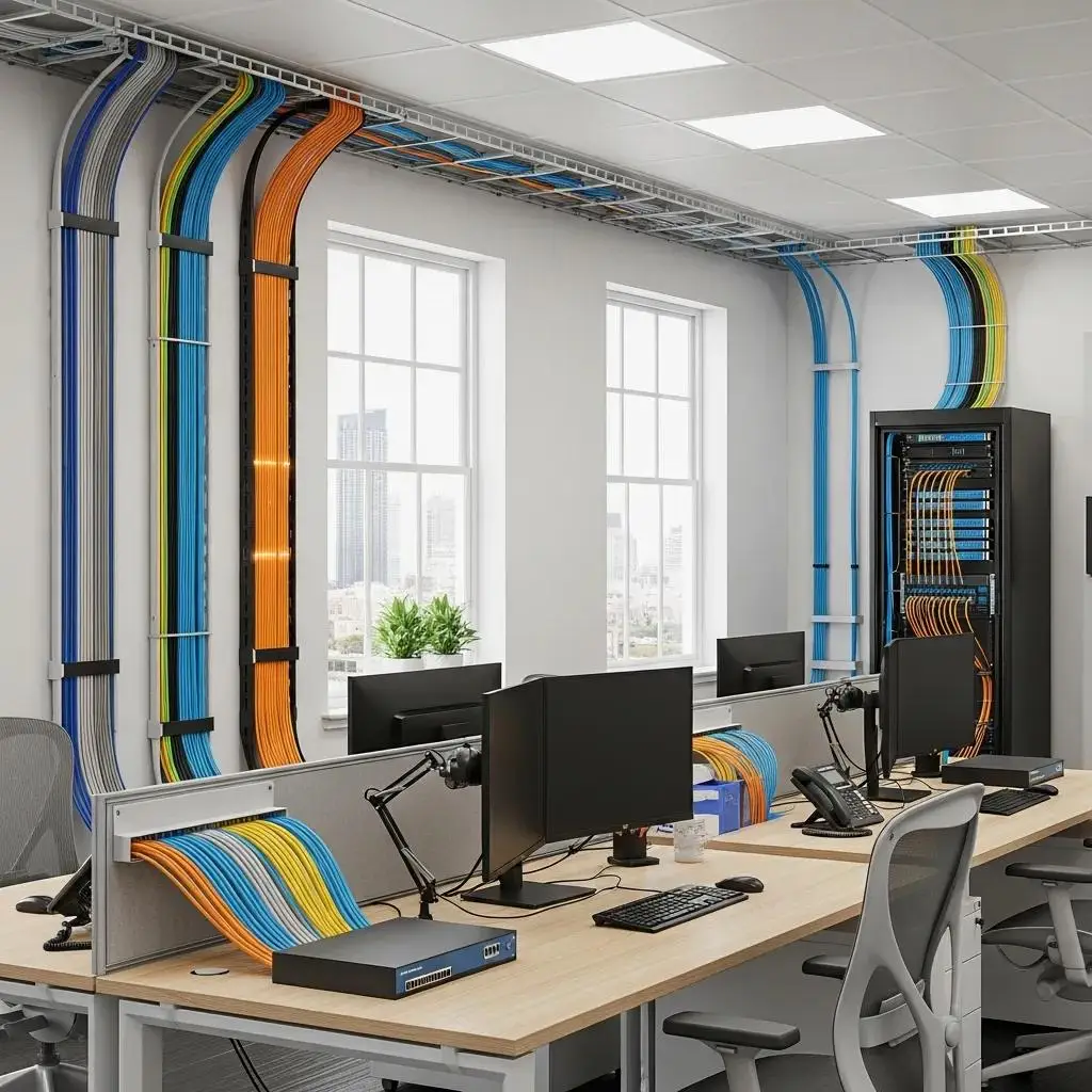 Modern office with visible network cabling solutions, showcasing twisted pair, fiber optic, and coaxial cables