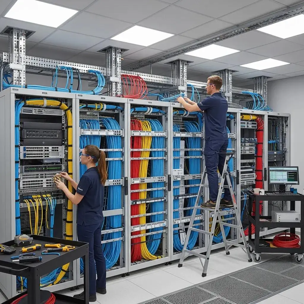 Structured cabling system in a commercial environment, showcasing patch panels and organized cables